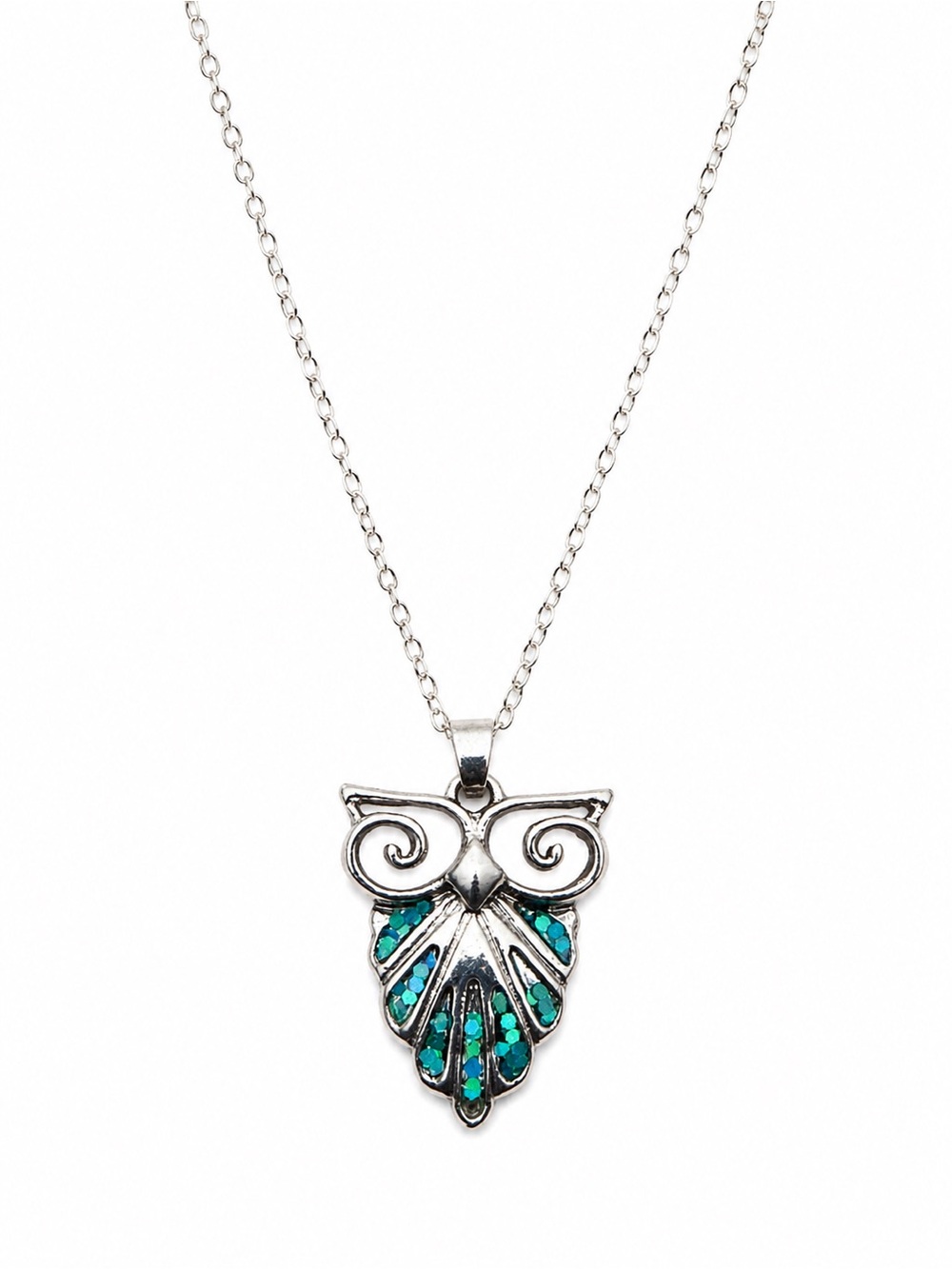 Silver Owl Pendant Necklace with Teal Inlay